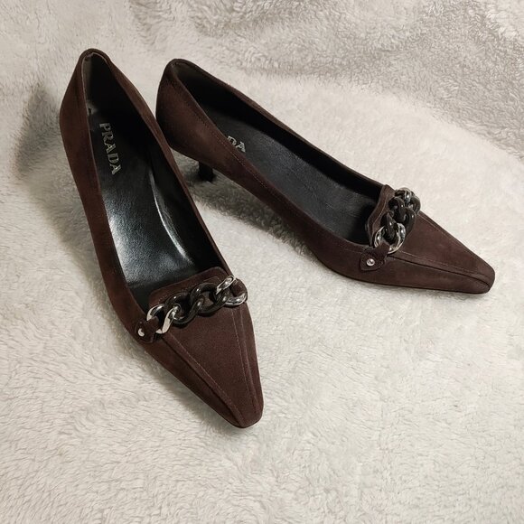 Prada Brown Suede Chain Link Pumps 36.5 - Picture 1 of 12